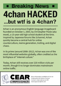Front cover of informational leaflet titled "4chan hacked, but wtf is a 4chan?" exploring the origins, culture, and controversies of the 4chan imageboard site.