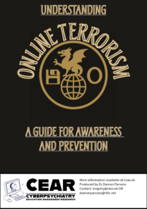 Front page of leaflet titled "Understanding Online Terrorism: A Guide for Awareness and Prevention," focused on digital radicalisation, extremist recruitment, and countermeasures.