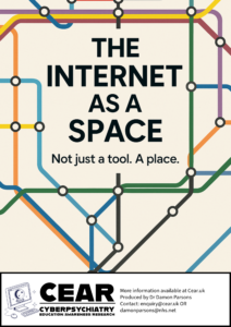 Cover of digital literacy leaflet titled "The Internet as a Space, not just at all a place," discussing the internet as a psychological, cultural, and social environment.